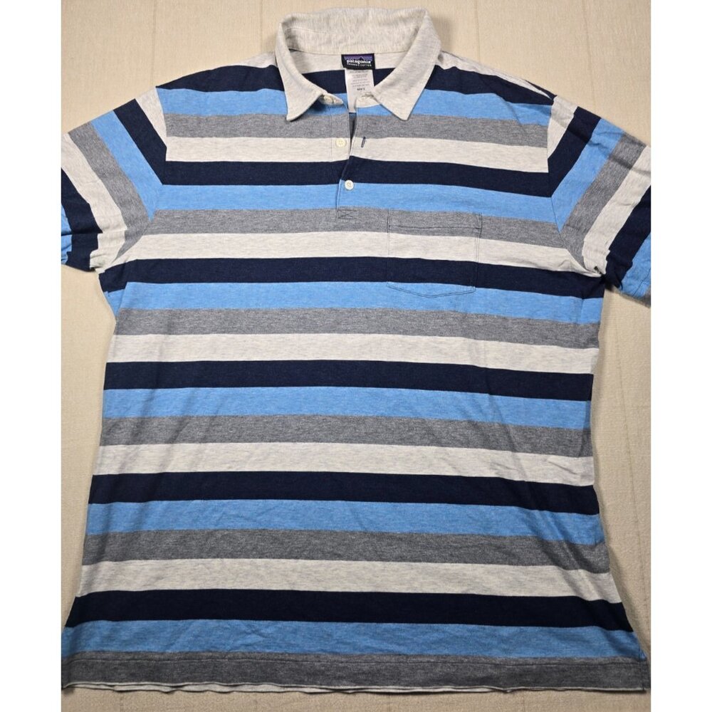 Patagonia Gray Blue Striped Organic Cotton Polo Shirt Men's Size Large